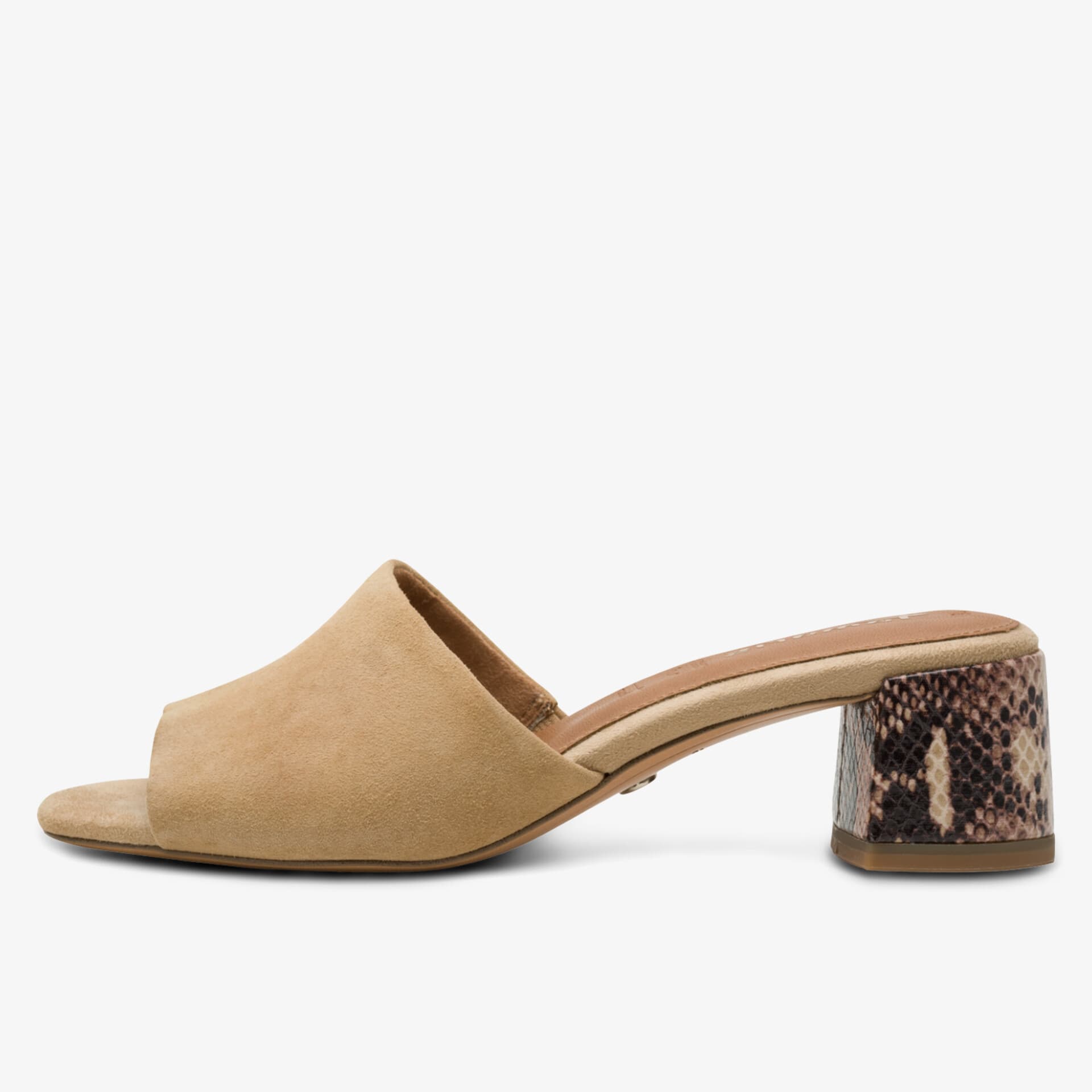 Eleganter offener Schuh mit bequemem Blockabsatz und Schlangenleder-Optik.