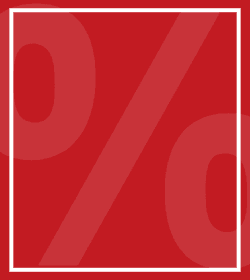 Red background with a large, partially visible percentage symbol inside a white-bordered square.