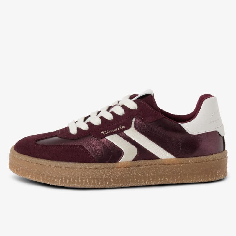Maroon and white sneaker with white laces, brown textured sole, and a white logo stripe on the side against a white background.