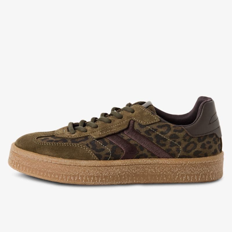 Leoparden-Print Sneaker mit Chunky-Sohle in Khaki und Bordeaux, beige Crepe-Sohle
