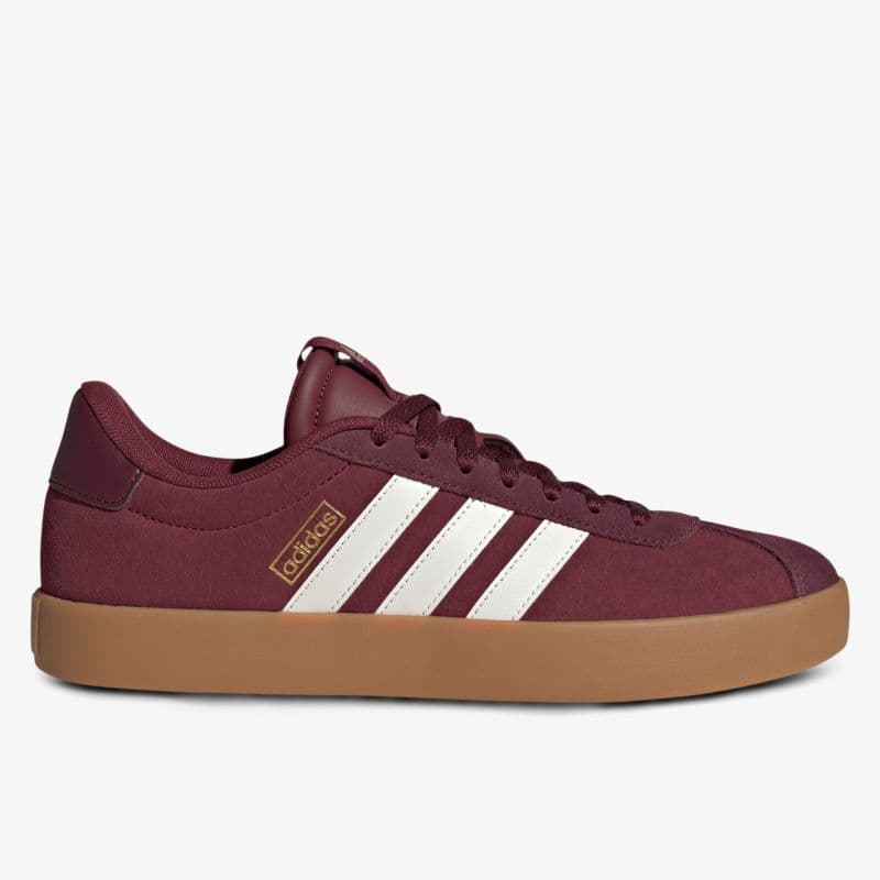 Adidas VL Court Sneaker in Bordeaux mit weißen Streifen und Caramel-Sohle, Damen-Freizeitschuh