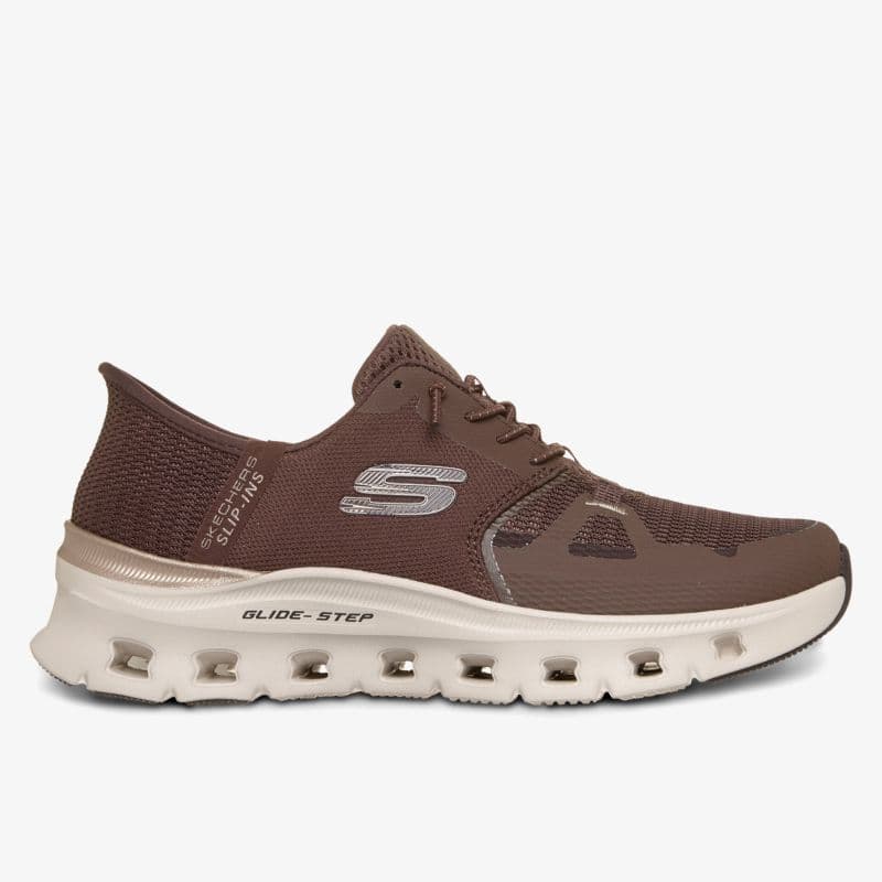 Brown athletic shoe with a breathable mesh upper, white cushioned sole, and circular cutouts. Features a logo and labeled "GLIDE-STEP" on the sole.
